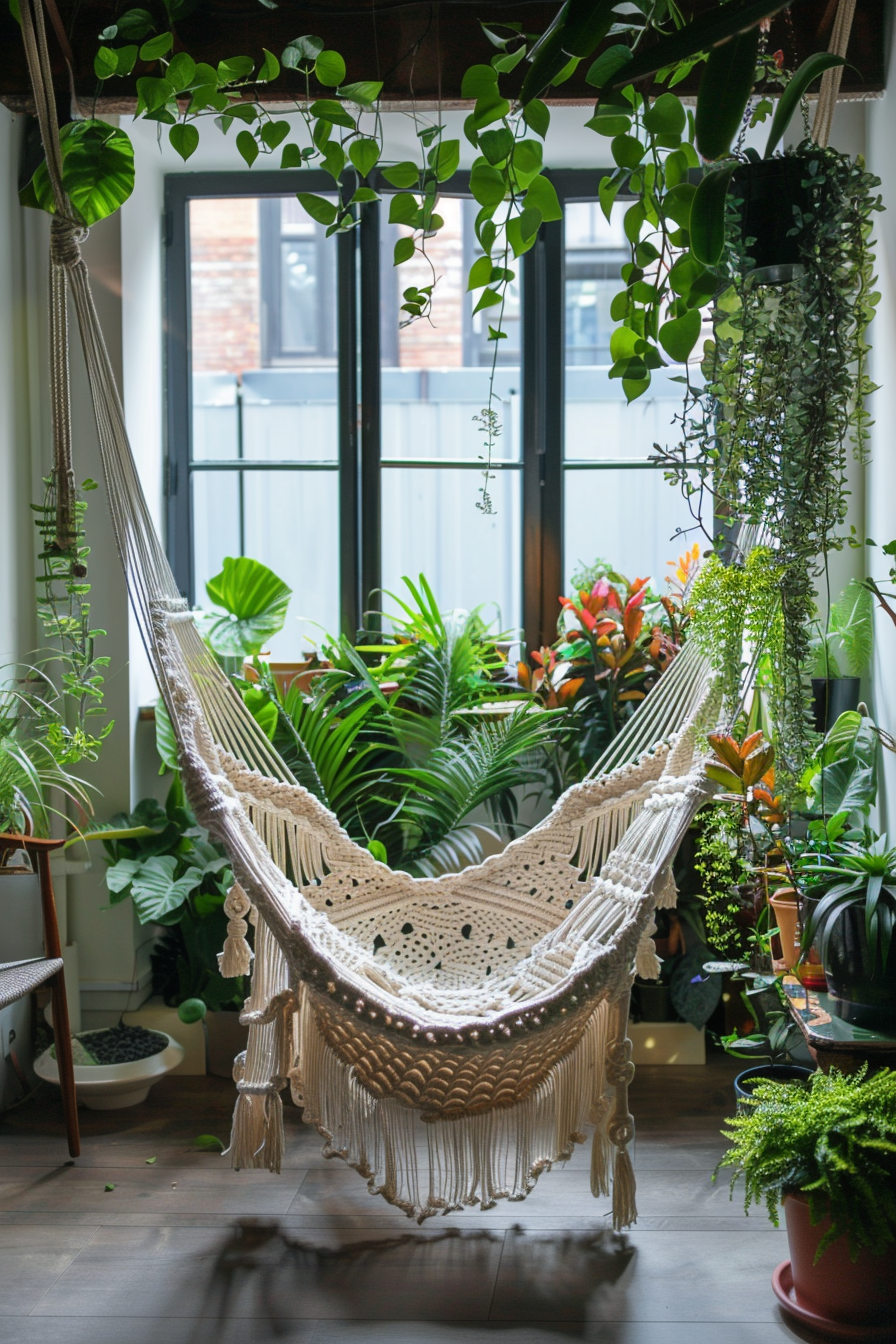 Yoga studio. A hammock swing made of natural fibers adorned with macrame weaving, surrounded by lots of lush, nature-friendly indoor foliage.