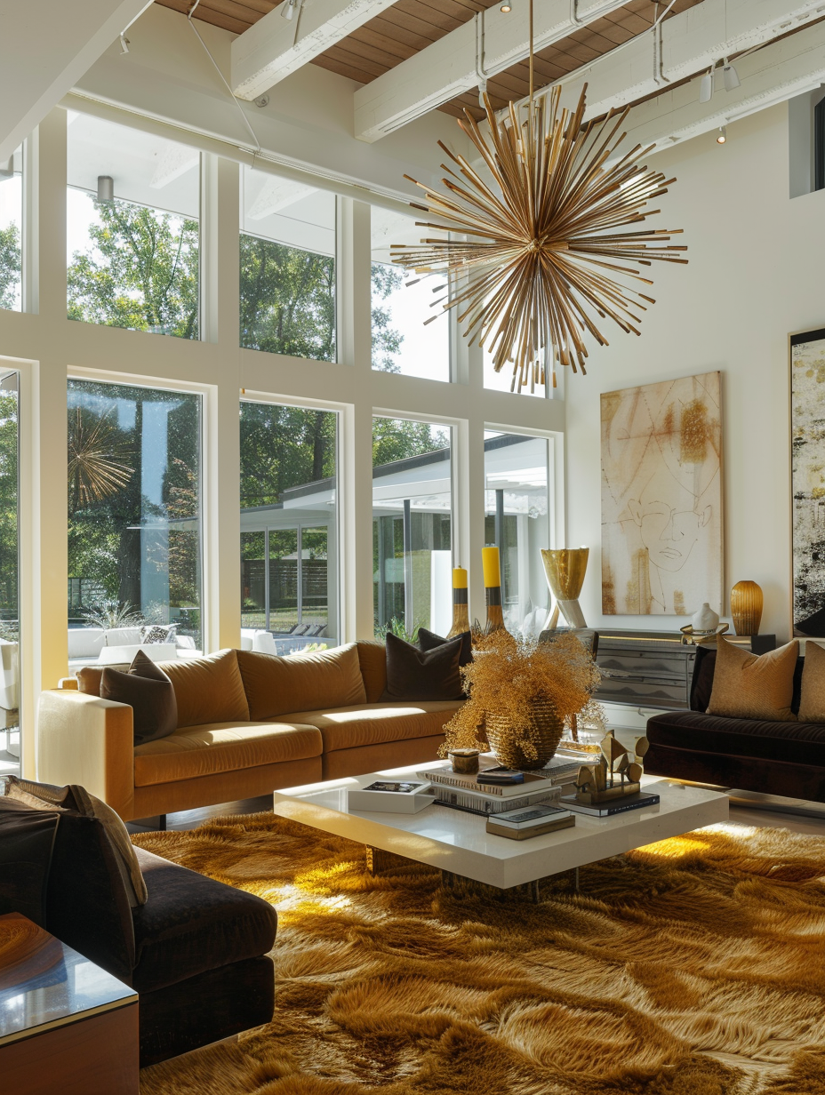 Luxurious modern living room interior. Canary yellow centerpiece rug, floor-to-ceiling windows, white exposed beam ceiling, abstract metal wall sculpture, and sputnik chandeliers.