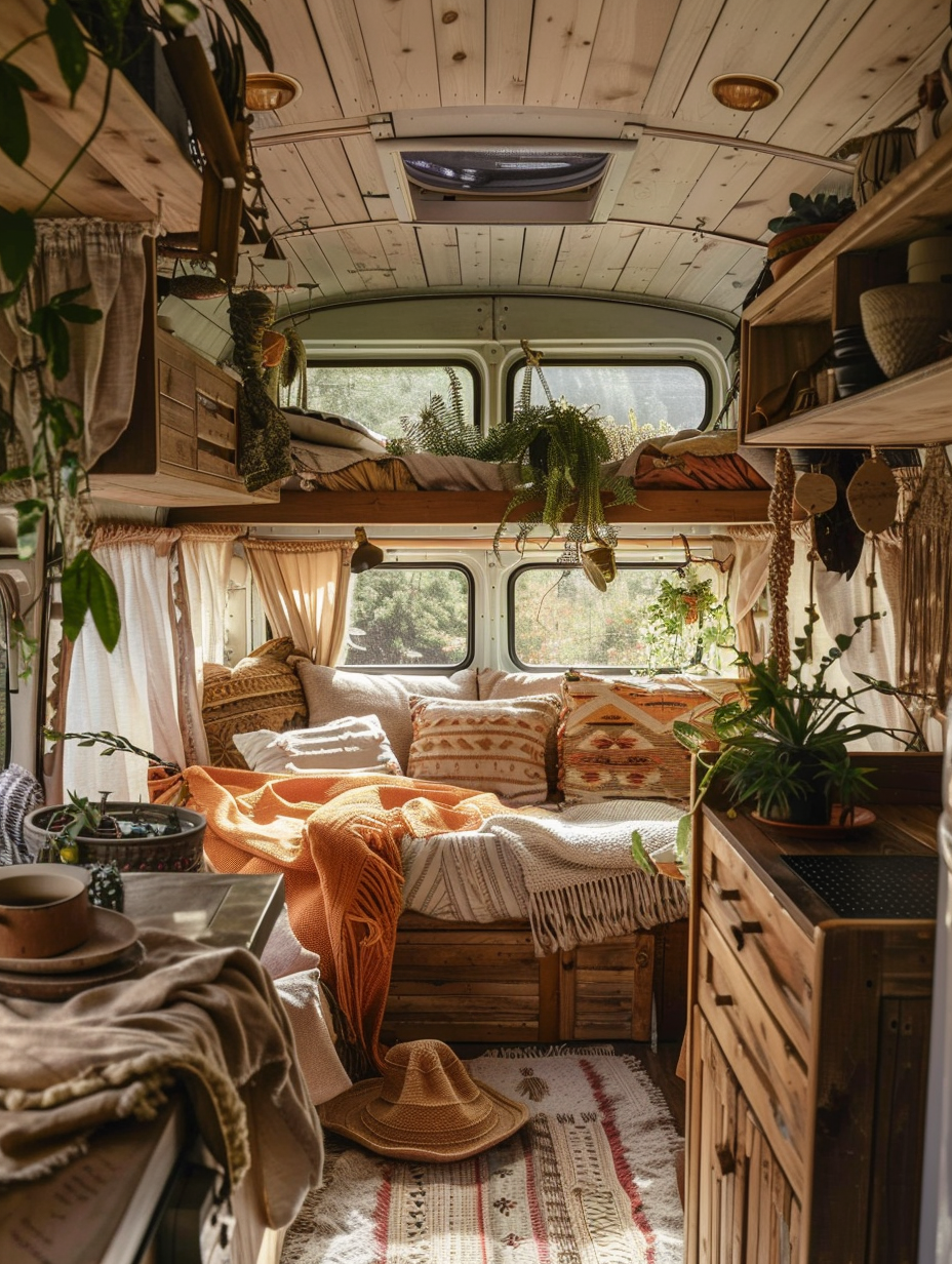 Boho designed camper. Rustic wood interior with textured fabrics, hanging macrame plants, and bright window front view.