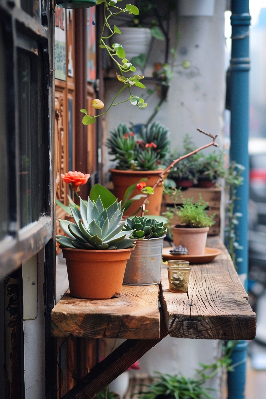 Small urban balcony. Rustic wood shelf with potted succulents.