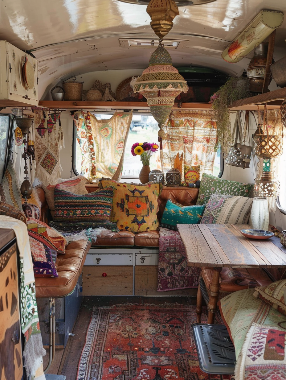 Boho Designed Camper. Worn-out leather seats, a rug with Southwestern patterns in natural hues, wooden table top, canvas curtains with lace trim, Moroccan-inspired hanging lanterns against a backdrop of exposed plywood walls, and an abundance of cluttered trinkets from travels.