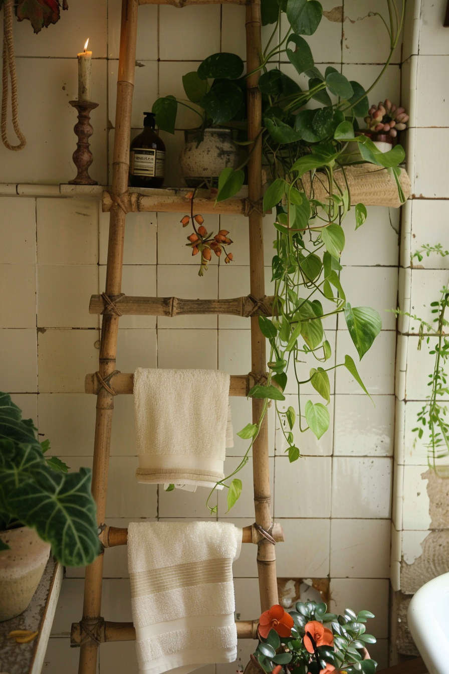 Earthy Boho Bathroom. Bamboo ladder towel rack.