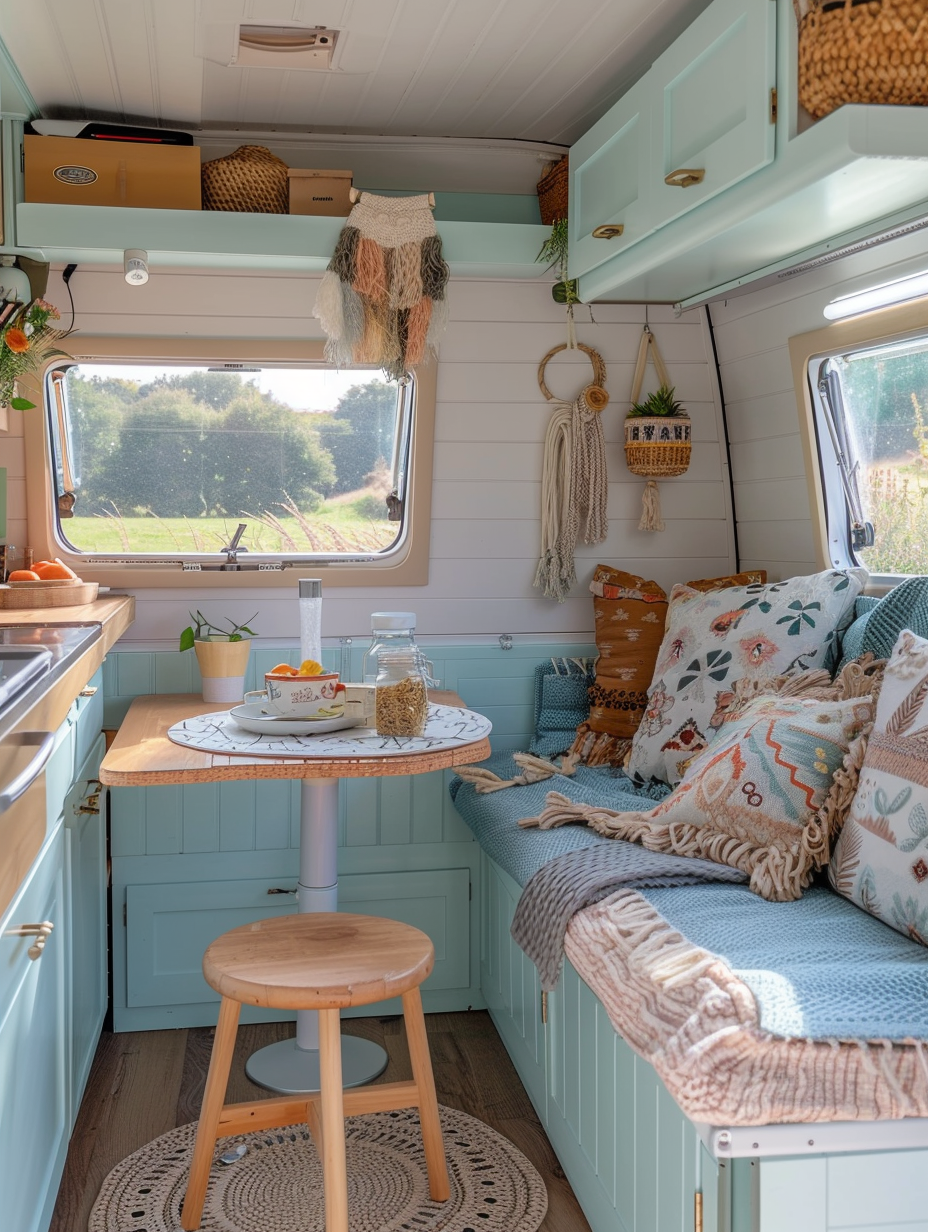 Interior view of camper. Blue pastel kitchen area with boho style Aztec-patterned cushions.