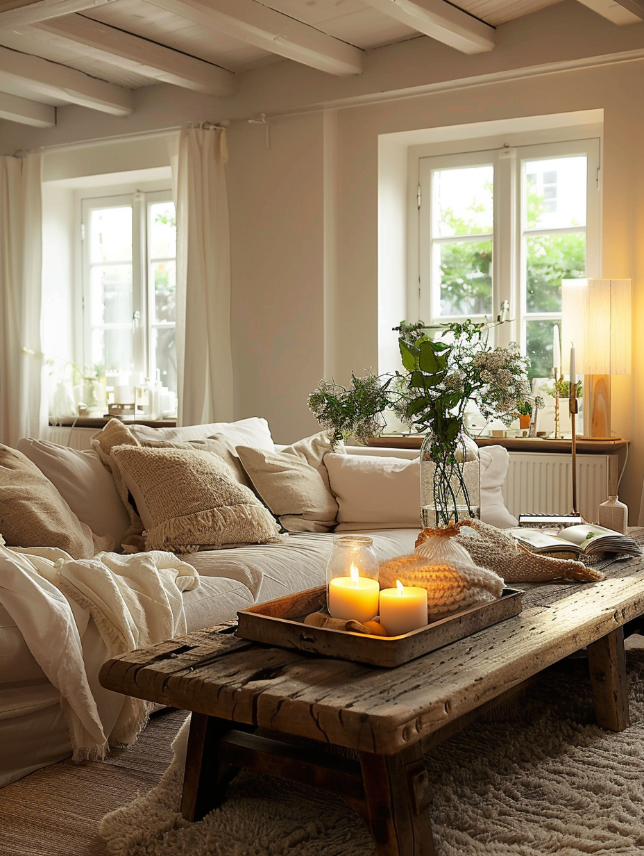 Cozy apartment design. Vintage wooden coffee table with plush white throw pillows and warm yellow lighting.