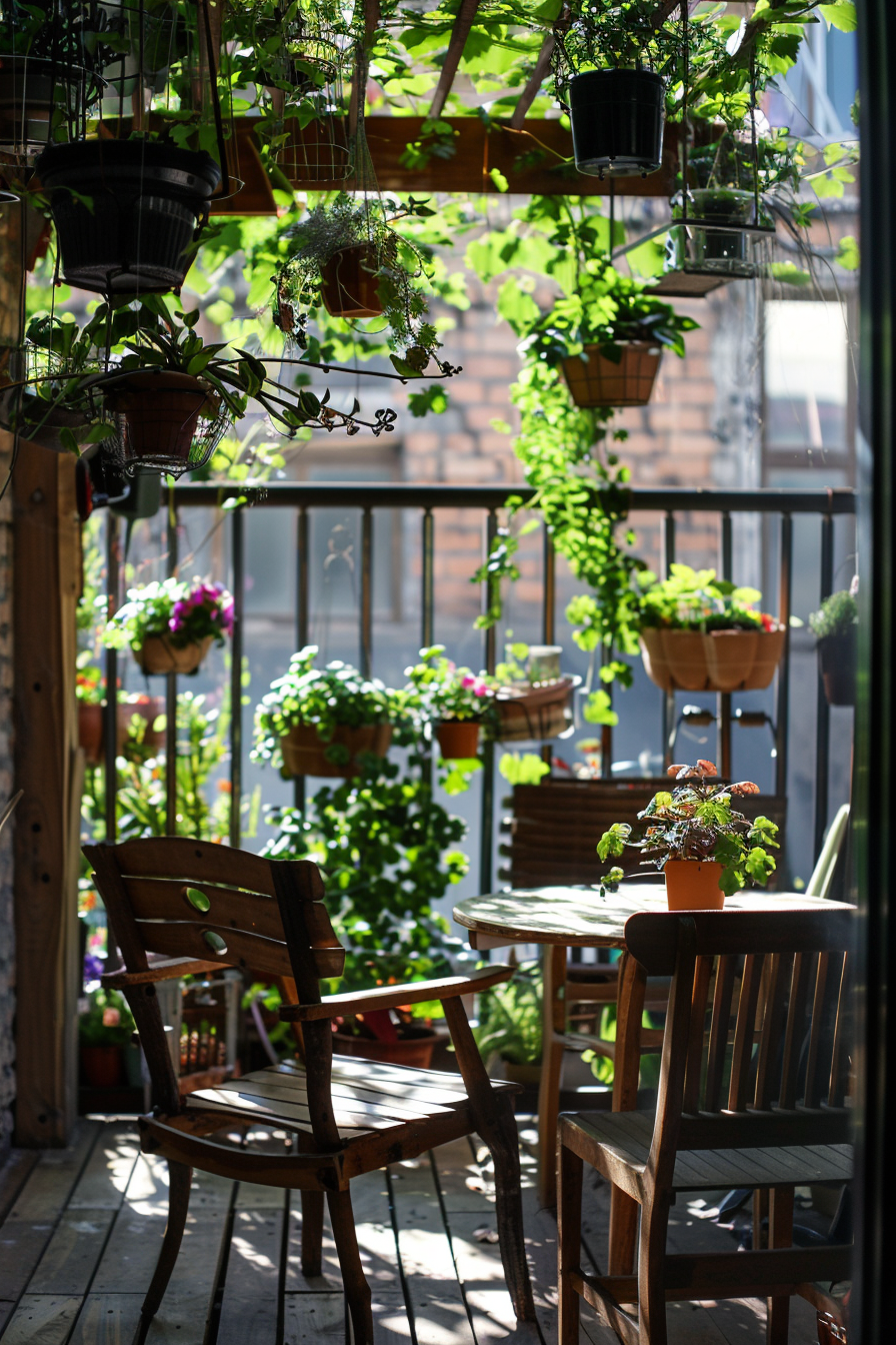 Small Urban Balcony. Rustic wooden chairs and verdant hanging planters.