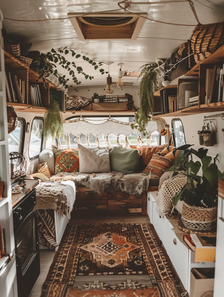 Boho designed camper interior. Vintage rugs, dreamy lace curtains, hanging macrame plant holders filled with green ferns, dealing fracking of natural wood from furniture and interiors add glow to the white painted tin walls while a same size tranquil gray fluffy cushion adorns the cozy built-in sofa near a bookshelf says it all home.