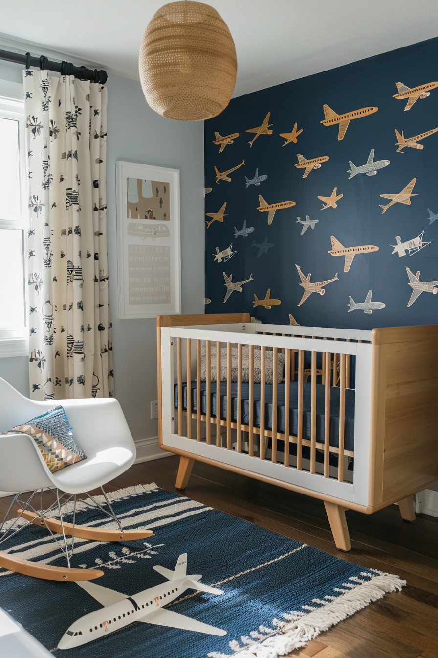 Modern baby boy nursery. Airplane-themed wallpaper, wooden crib, navy rug, and white modern rocking chair.