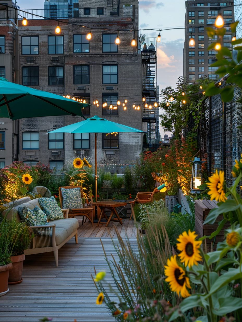 Urban Rooftop. High-rising concrete buildings as a backdrop to border a small green rooftop garden complete with wooden deck boards, vibrant sunflowers and cosy cushion-covered wicker seating under teal parasols. The garden is illuminated by vanilla-hued string lights weaving through the foliage.