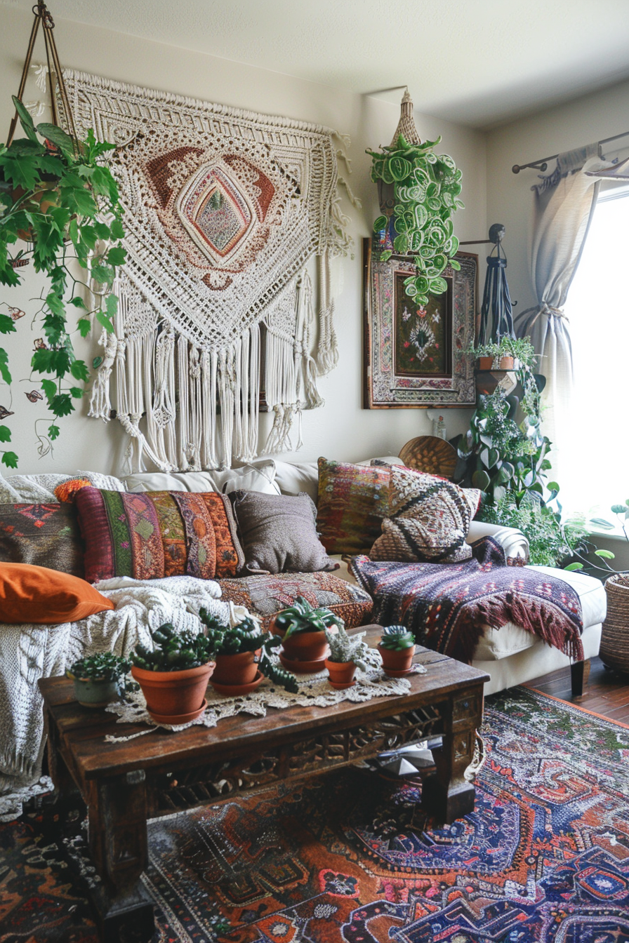 Boho designed living room. Cream macrame hanging against a grass and plant wall installation, plush Kilim rug laid on the rich teakwood floor, coupled with oversized throw pillows in an eclectic mix of earth tones and a rattan coffee table showcasing a small assemblage of terracotta plant pots with trailing succulents.