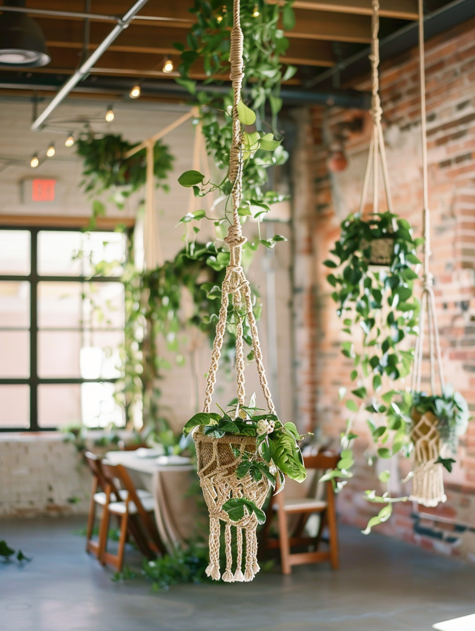 Boho themed party design. Hanging macrame decor with green indoor plants.