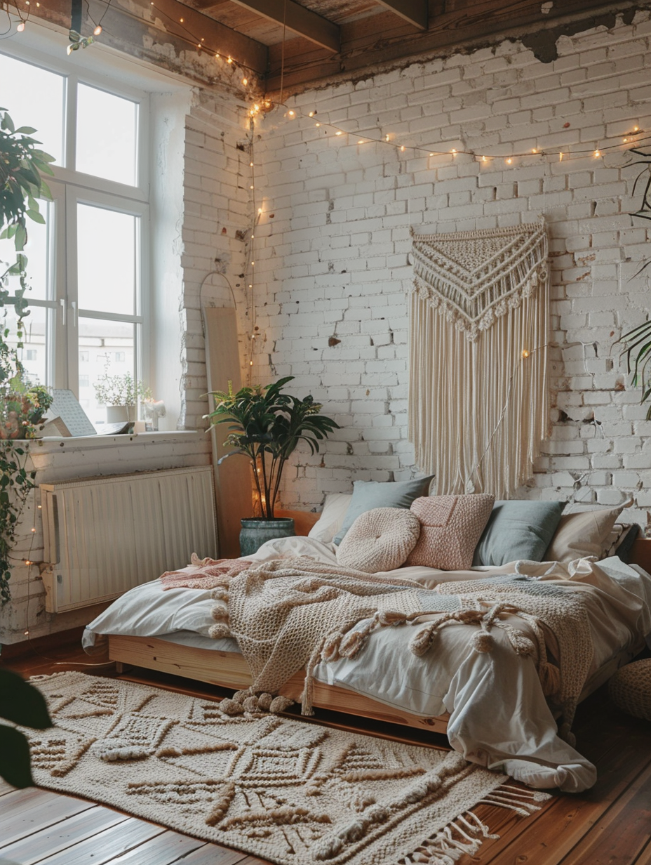 Loft bedroom interior in boho chic style. Weathered wooden flooring, low-platform queen size bed placed diagonally towards corner, pastel colored knot pillows, a large woolen crochet rug in the middle, macramé wall hanging above the headboard, white painted exposed brick walls, a string of festooned fairy lights along edges, tall houseplants beside a narrow-section loft window.