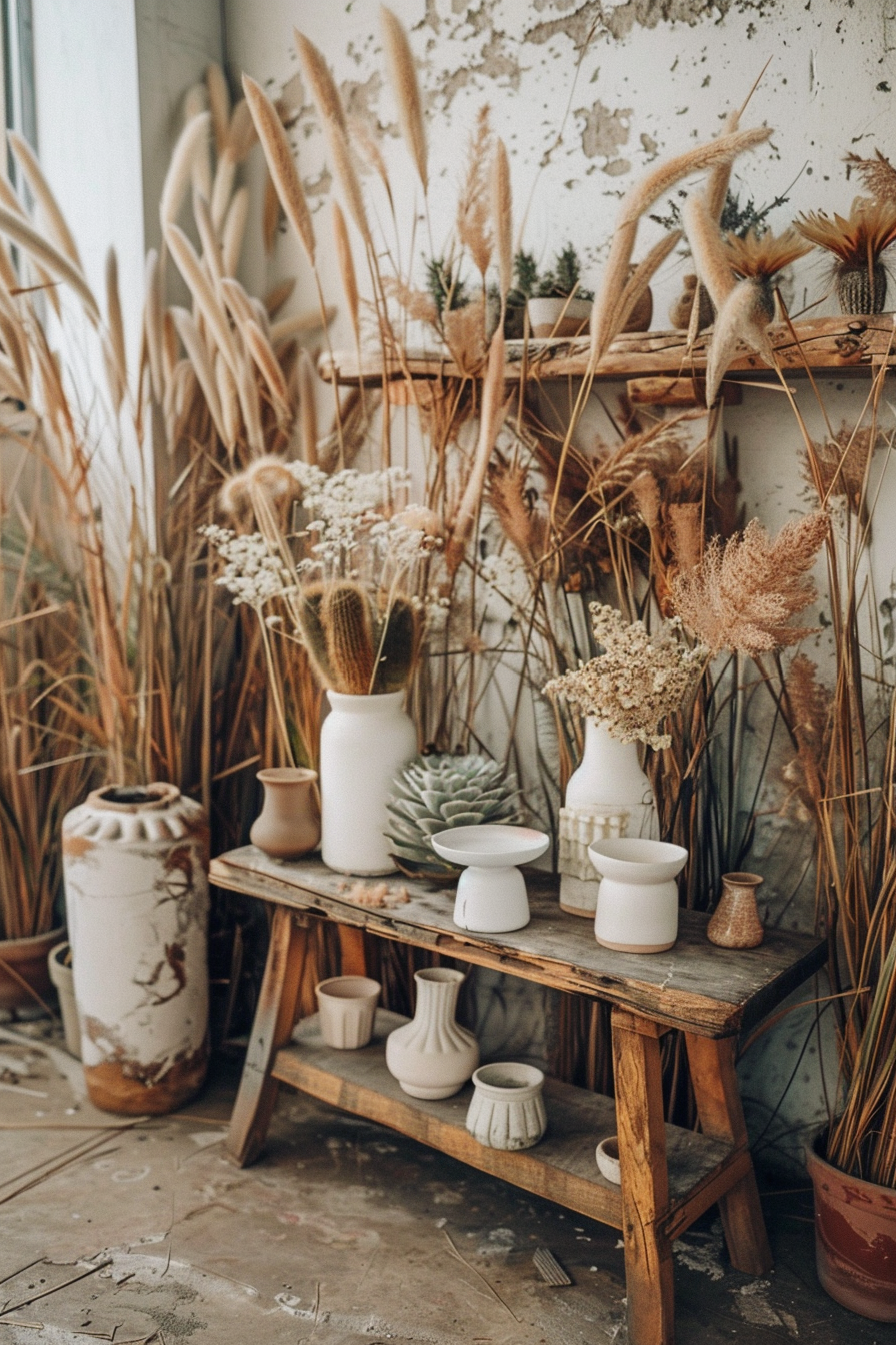 Boho designed living room. Wooden table with white ceramic vases of cacti and succulents against a wall covered in tall, thick blades of tan prairie grass.