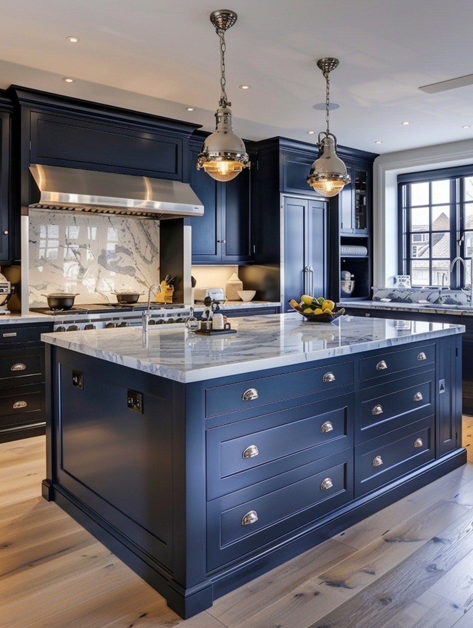 Kitchen design. Navy blue cabinet islands with marble top.