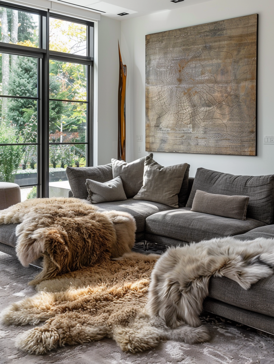 Apartment design. Warm toned faux fur rugs with matching throw pillows on a plush grey sectional sofa.