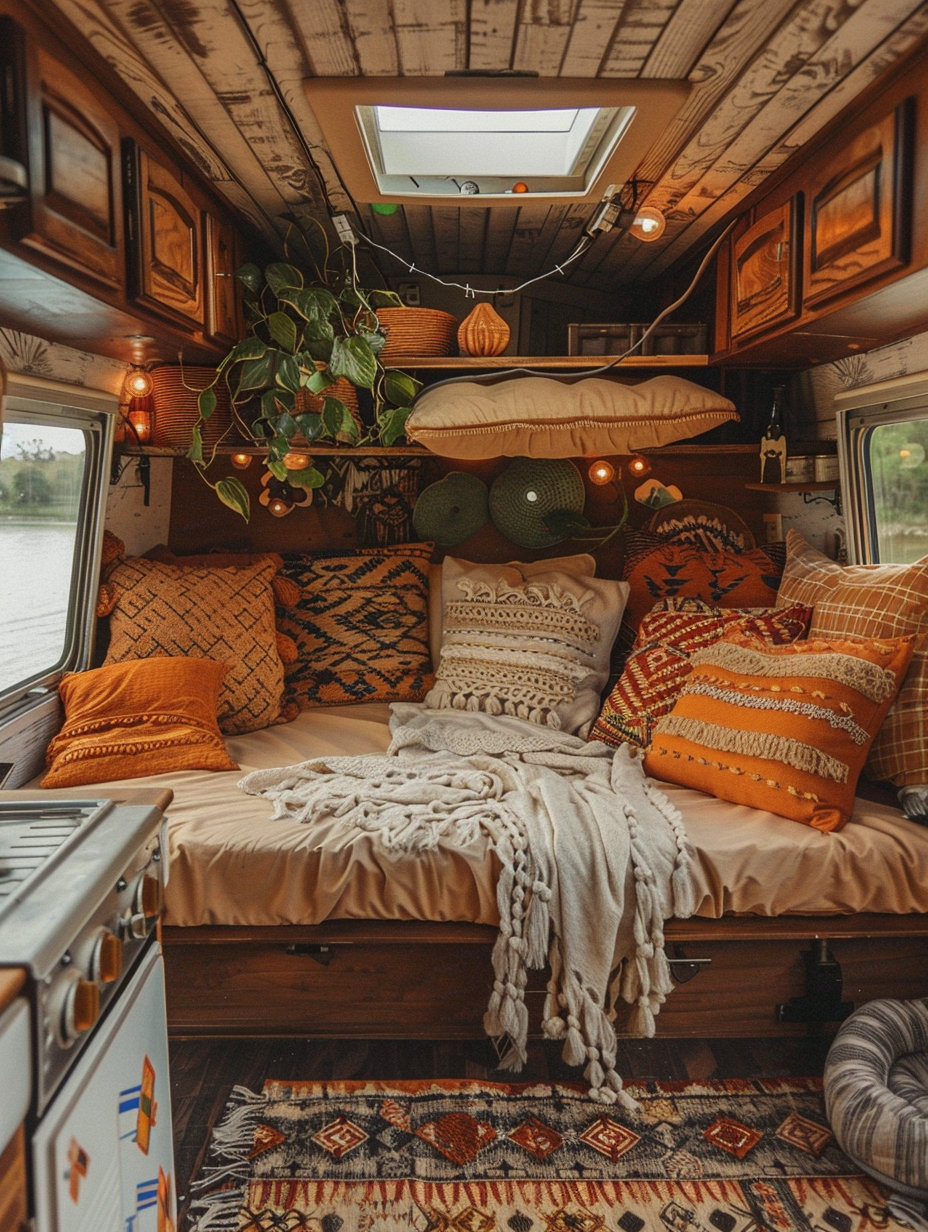 Boho designed camper interior. Retro orange patterned cushions on creamy beige leather interior seating. Handwoven geometric patterned rug in earthy brown, black, and natural linen tones spanning the length of aged, rustic wooden floors. Unvarnished mahogany kitchenette with scalloped golden trim features an inbuilt cutting board and dot-work style round bone handles. In the bedroom area, cozy bedding in aztec print covers the mattress with macrame wall hangings in off-white adorning the wall space above bed. Handcrafted irregular oak shelves are displaying collection of vintage colored glassware under the ambient glow of Edison bulb string lights dangling over coral succulents and Boston ferns placed on the windowsills made from recycled driftwood. Twigs of ivy are cascading down the shoulder-height cabinets that are duk brown. Rear window view subtly hints the undulating greys and blues of the coast nearby.