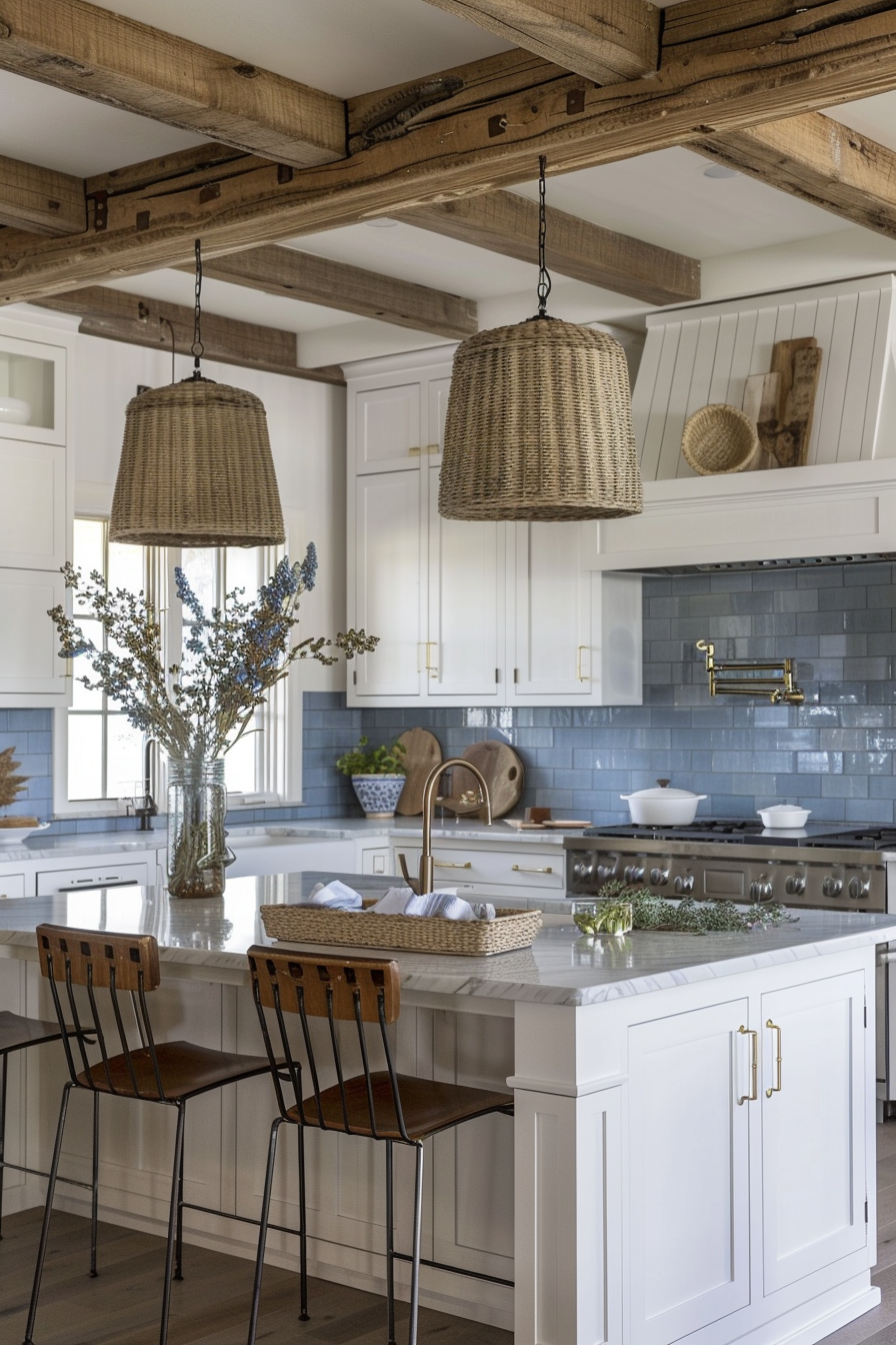 Farmhouse Kitchen. Antique White cabinets, oak beams, marble countertops, vintage basket pendant lights, metal bar chairs, blue backsplash tiles, hardwood floors, and wooden-cutting board island.