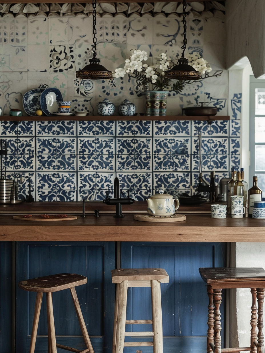 Boho kitchen design. Rectangular Moroccan wall tiles in bold blue with intricate white floral patterns.