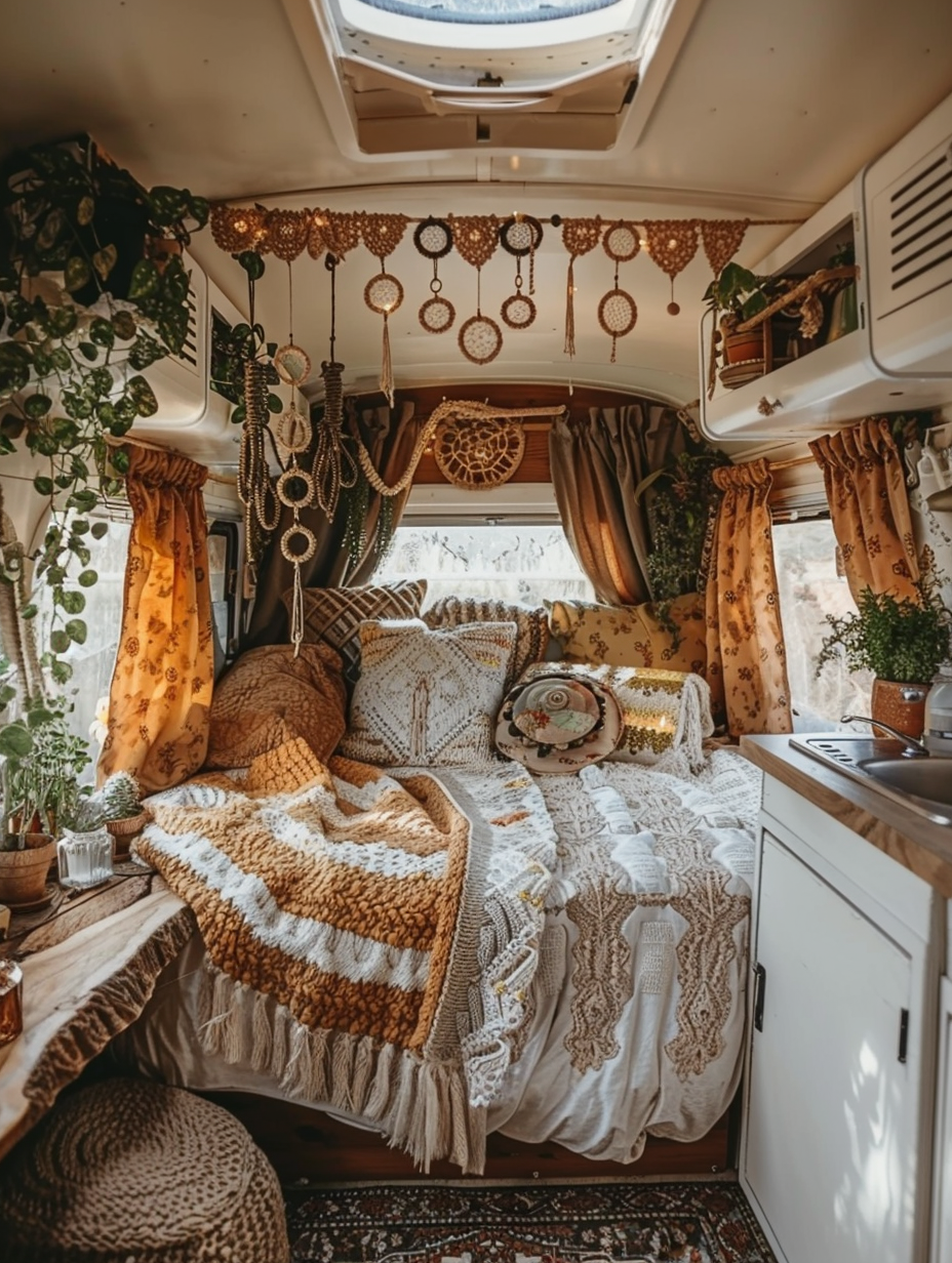 Boho Designed Camper Interior. Earth-tone fabrics and lacy crocheted throw over a tucked-in queen-sized bed, a small simplistic kitchenette area with speedy equipment, a tree stump side table complete with dangling dream catchers, potted succulents, and low-hanging twinkly fairy lights to illuminate amber-colored glassware. Climbing green plants installed around quaint bohemian-patterned window curtains.