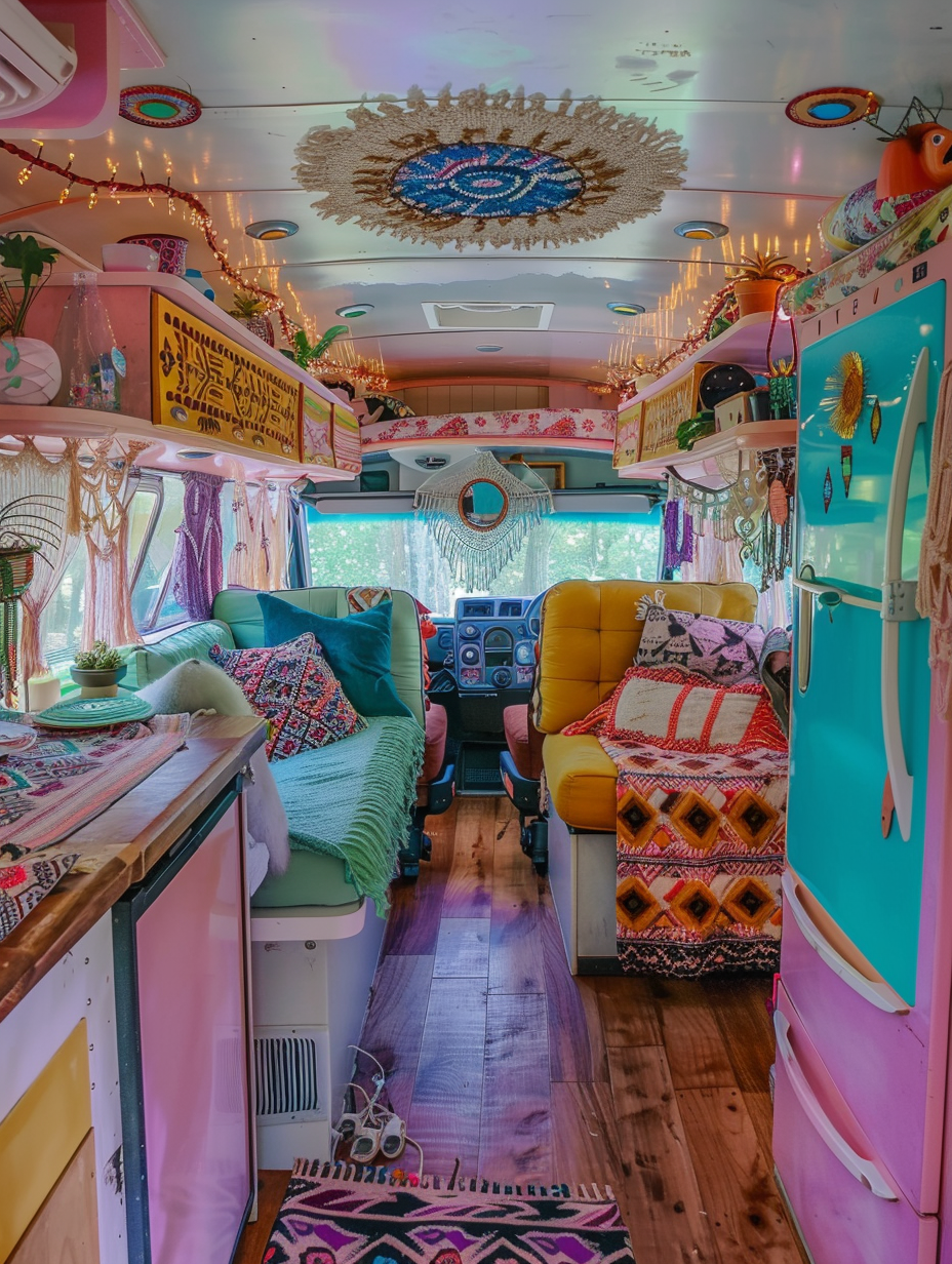 Full interior view of a camper. Bohemian style design, primarily consisting of pastel-colored patterns and textiles interspersed with Aztec-inspired decorations and symbols. Visible elements include a desk, a pink-and-mint-green fridge, sage green bedding, Aztec-print cushions thrown on a mustard yellow loveseat, wooden floors, hanging macramé art, and potted plants situated on shelves and countertop corners. Overhead are string lights weaved through the ceiling and wafty, ethereal, off-white see-through curtains enveloping windows on all sides.