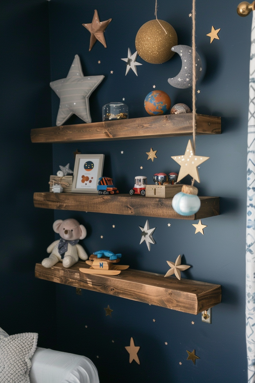 Modern baby boy nursery. Floating shelf with space-themed decor against a dark navy wall.