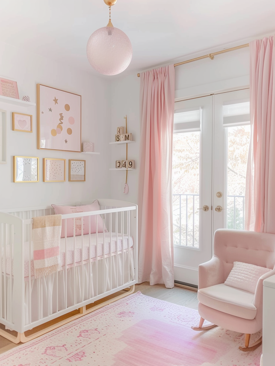 Modern pink nursery. Off-white cribs, plush dusty pink rocking chair, minimalist oak wood shelves featuring alphabet blocks, and pastel color book-covers facing outwards. White wall decorated with various pastel-colored paintings in gold frames, underpinning a pink curtained square window with dazzling rays of sunlight. Misty rose color gradient rug with an overhanging ceiling mobile featuring tiny golden origami stars. Transparent globe pendant light reflecting in near left corner full-length mirror. Linen pantry baskets spotted near freestanding pink leaf tree housed near the door.