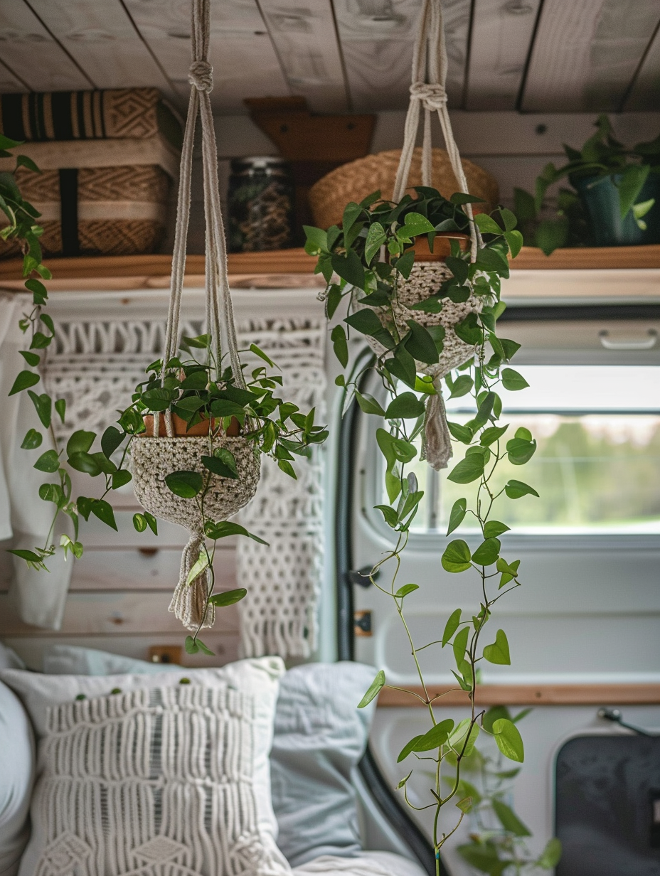 Boho Designed Camper interior view. Hangling macramé plant holders with green ivy strands against a light wood-panel decorated wall.