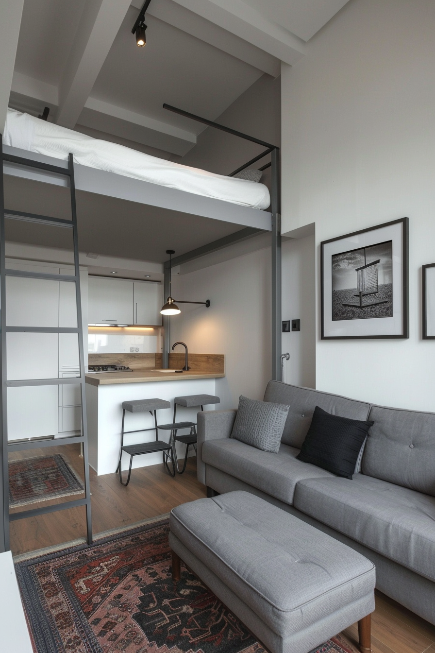 Minimalist apartment. An observed full view showcasing the main living space with a visible, raised loft bed in crisp white linen, neatly positioned over the sofa in grey upholstery.