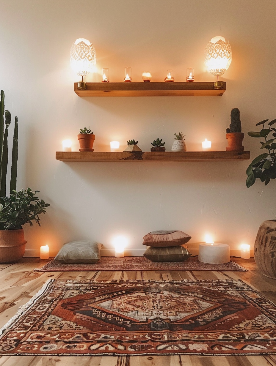 Yoga studio design. Wall-integrated Indonesian teak wooden shelving displaying succulent plants and candles, paired with Persian rugs and Himalayan salt lamps for lightning.