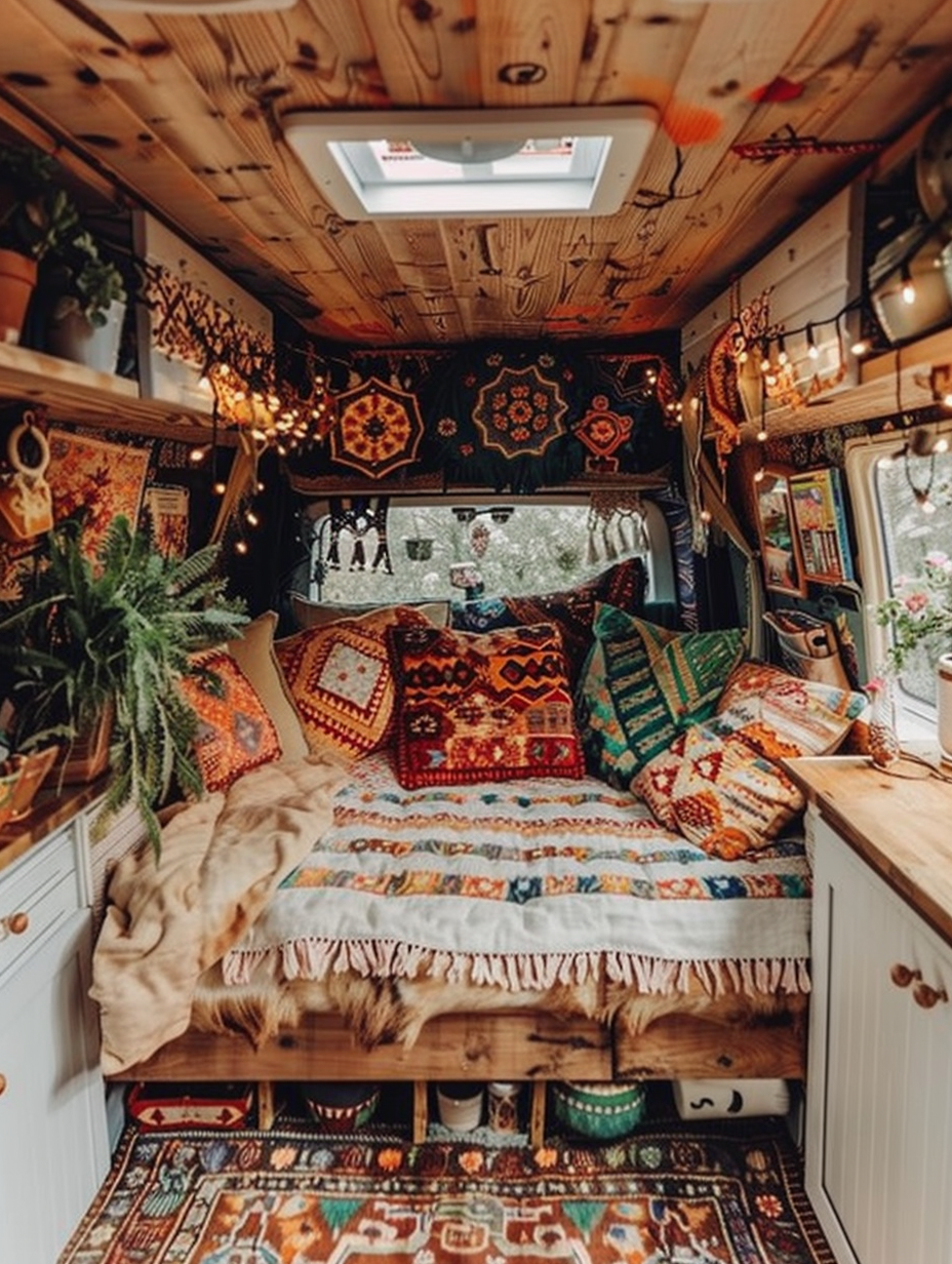 Boho designed camper interior. Earth-toned futon with vibrant, geometric-pattern pillows, a Persian carpet underfoot, string lights hanged overhead, and small faux floating wooden shelves displaying collections of succulents and painted camper van retro-style ceramics.