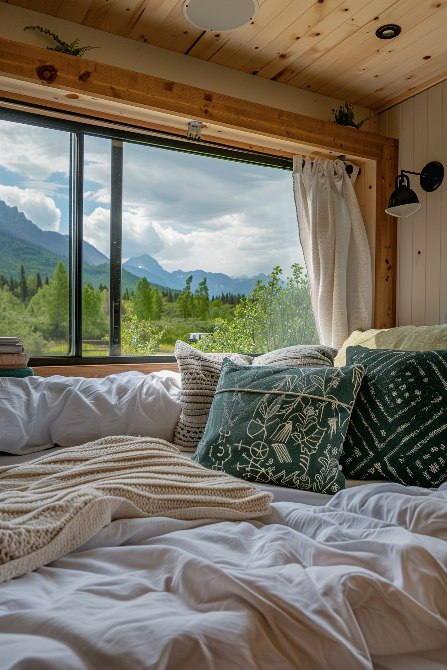 View of small camper interior. Queen-sized bed positioned by a tinted window with mountain village views.