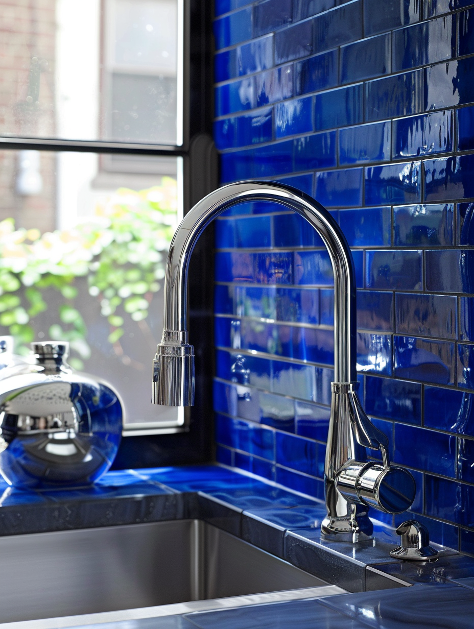 Kitchen design. Cobalt blue tile backsplash with chrome faucets.