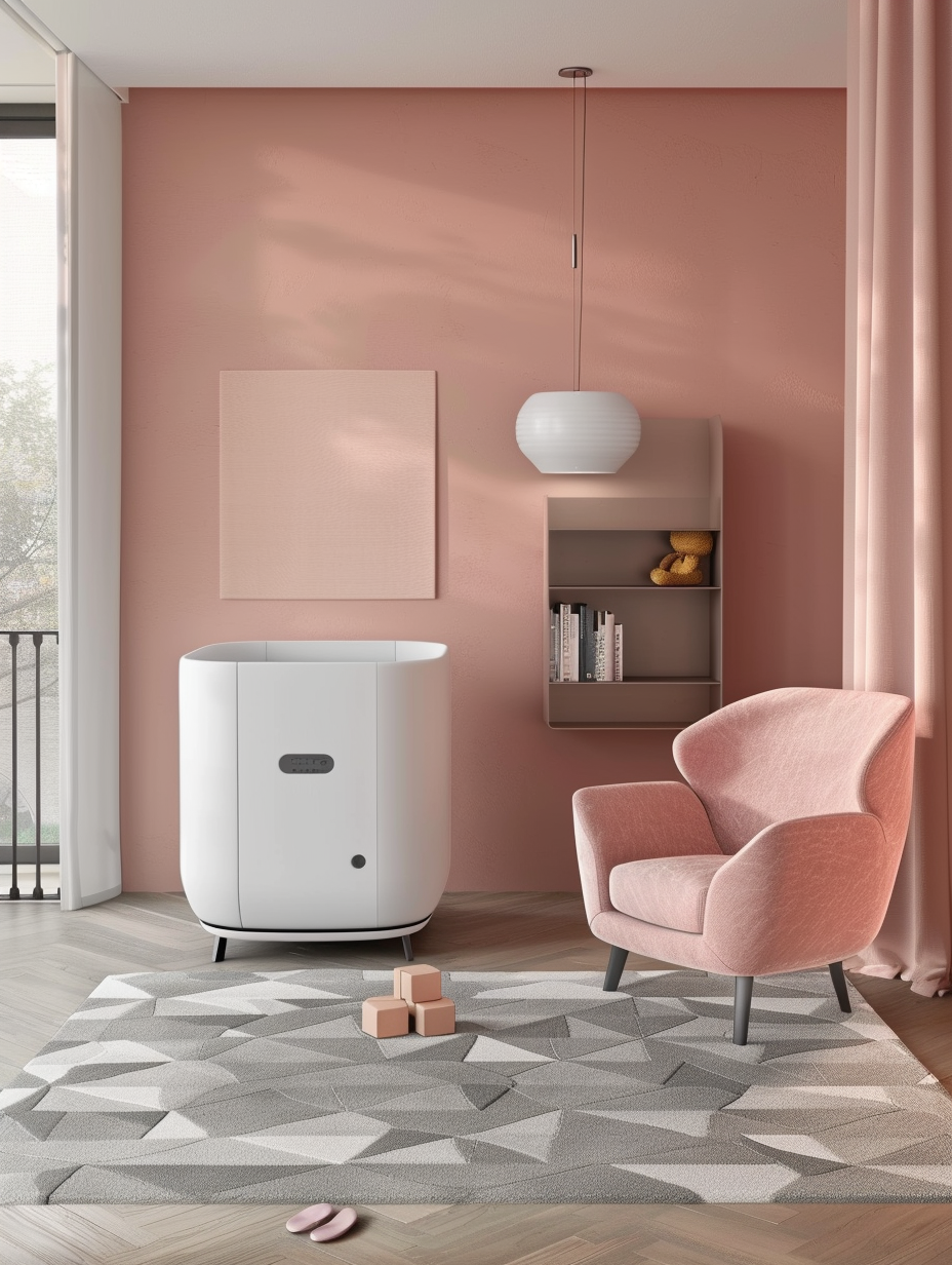 Modern pink nursery. Light salmon pink walls and a white cylindrical crib, a geometric patterned gray rug, a contemporary wall mounted bookshelf and a pair of small baby pink armchairs.