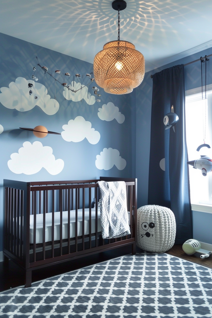 Modern baby boy nursery. Sky blue walls with cloud pattern, dark oak crib, spaceship mobile.