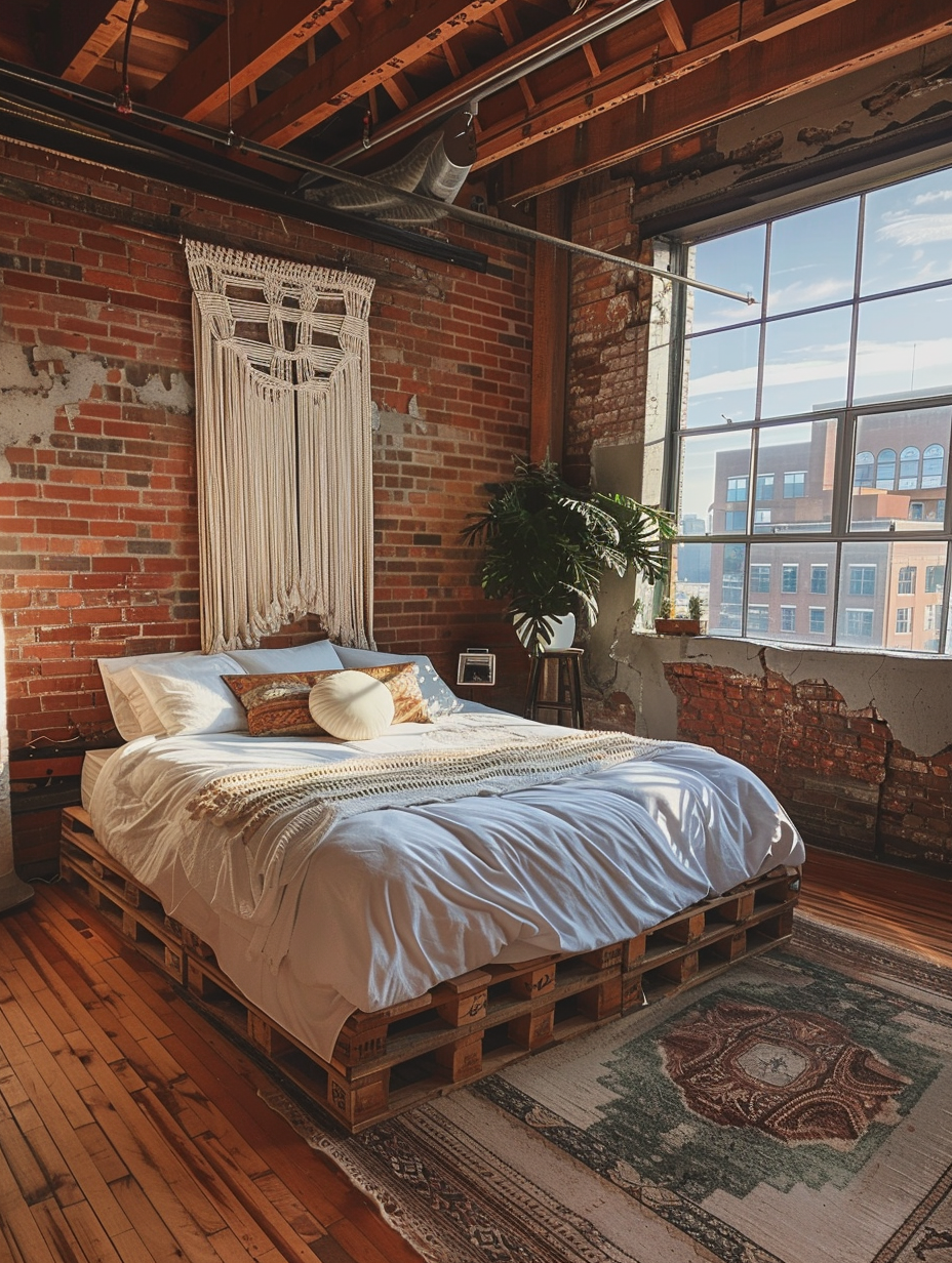 Loft bedroom interior. An old red-brick wall, a queen-size bed with a frame created from repurposed pallets topped with plush white comforters and bohemian throw pillows, rustic walnut wooden flooring, a giant macramé hanging on a side wall, few tall indoor ferns placed near oversized, steel-framed glass windows draped with sheer, cream-colored window dressings offering a panoramic city view.