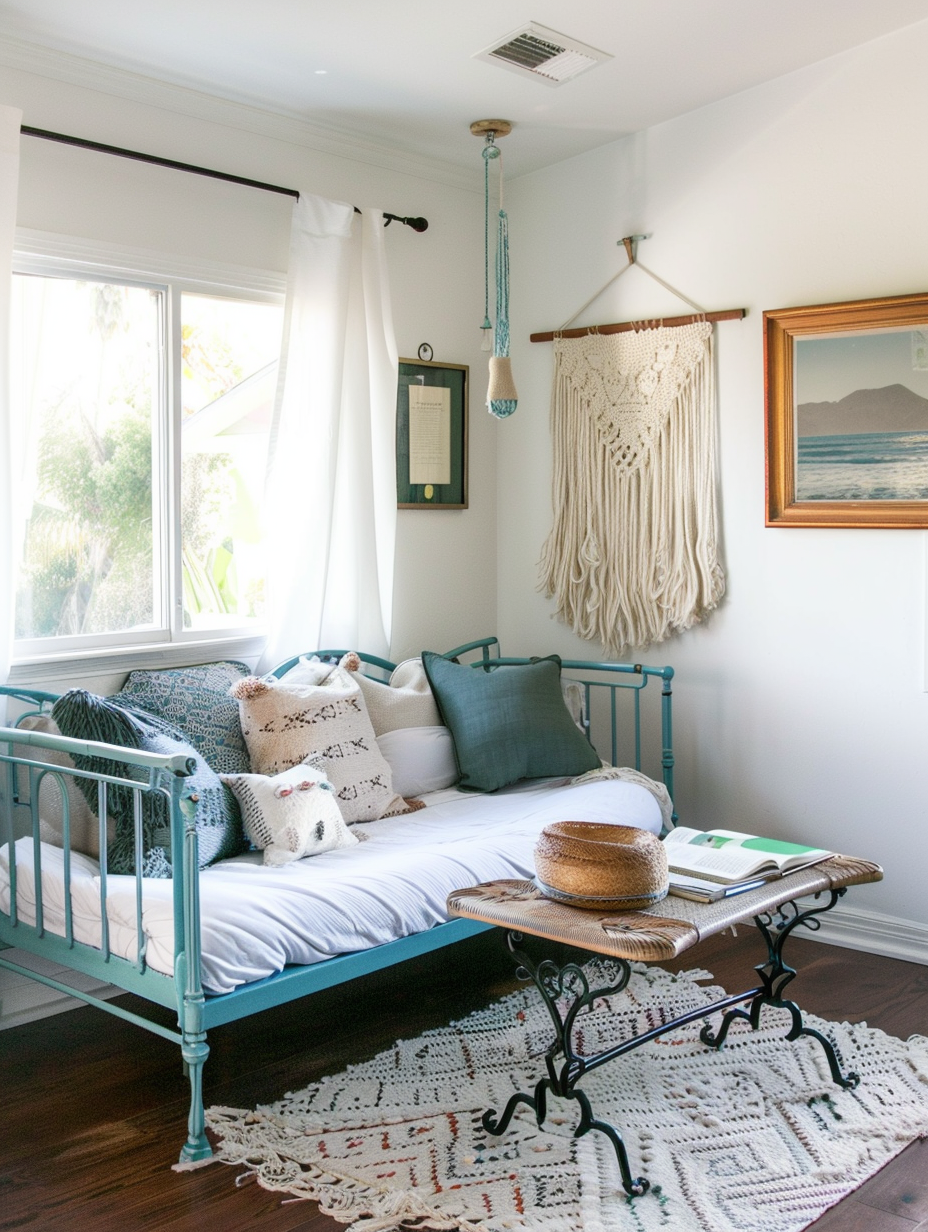 Living room. White macrame wall hanging above teal cast iron daybed.