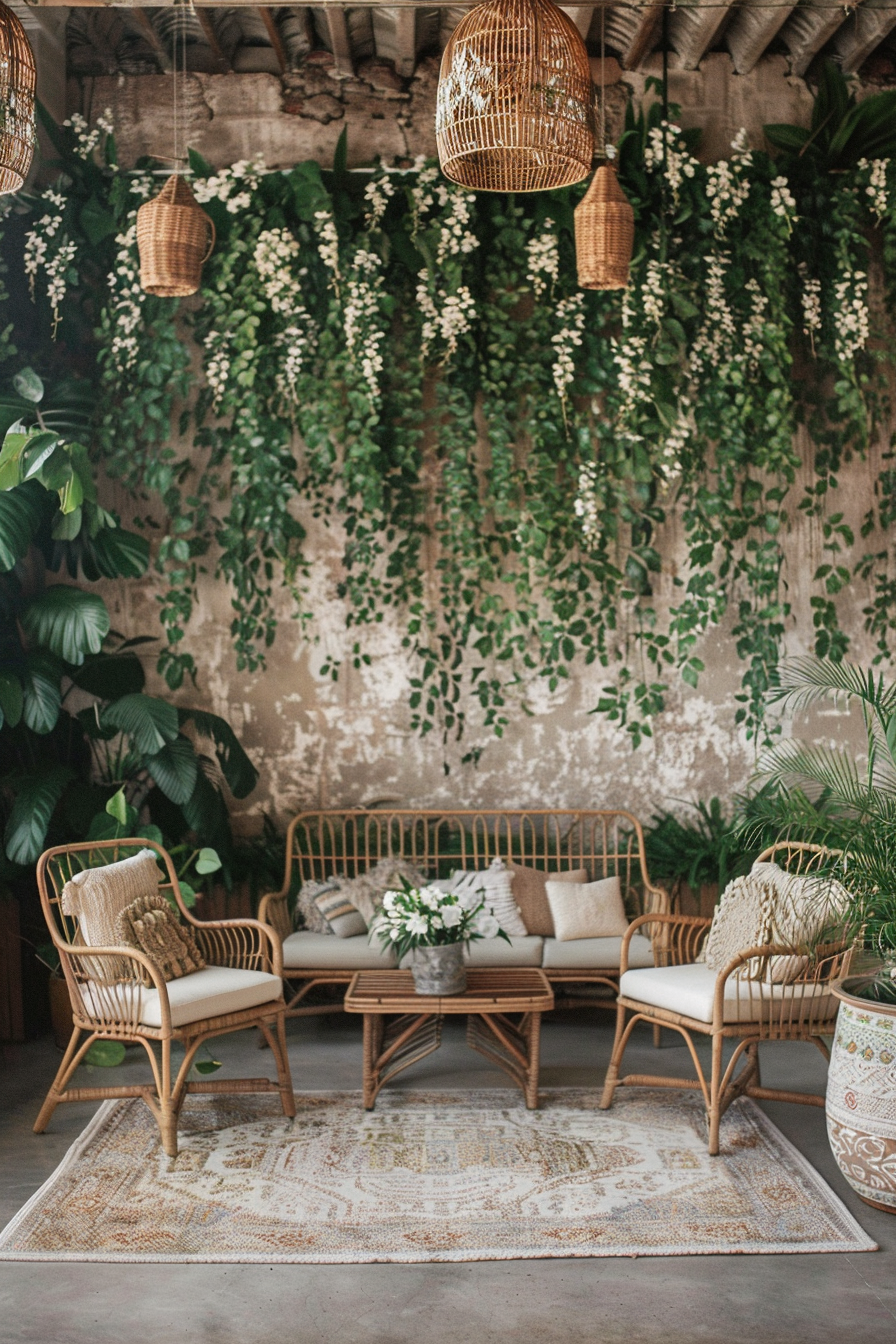 Boho designed living room. Rattan furniture with wall installation of hanging lush green vines and pampas grass, surrounded by ceramic potted plants.