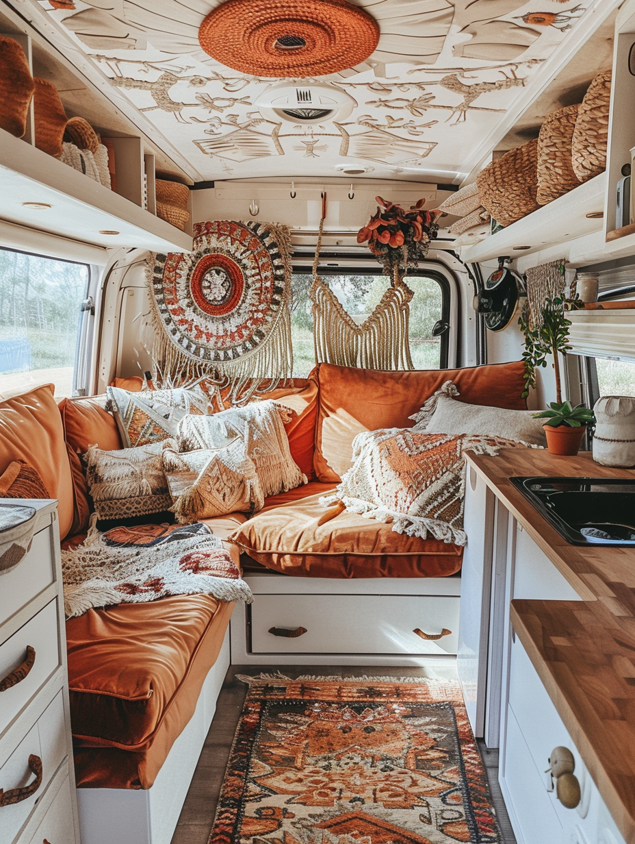 Full interior of boho-designed camper. Burnt orange velvet futon, pastel accent pillows with Aztec patterns, macrame hangings, butcher-block countertop, rattan storage baskets under white open shelving, soft off-white area rug, succulent set on window ledge.