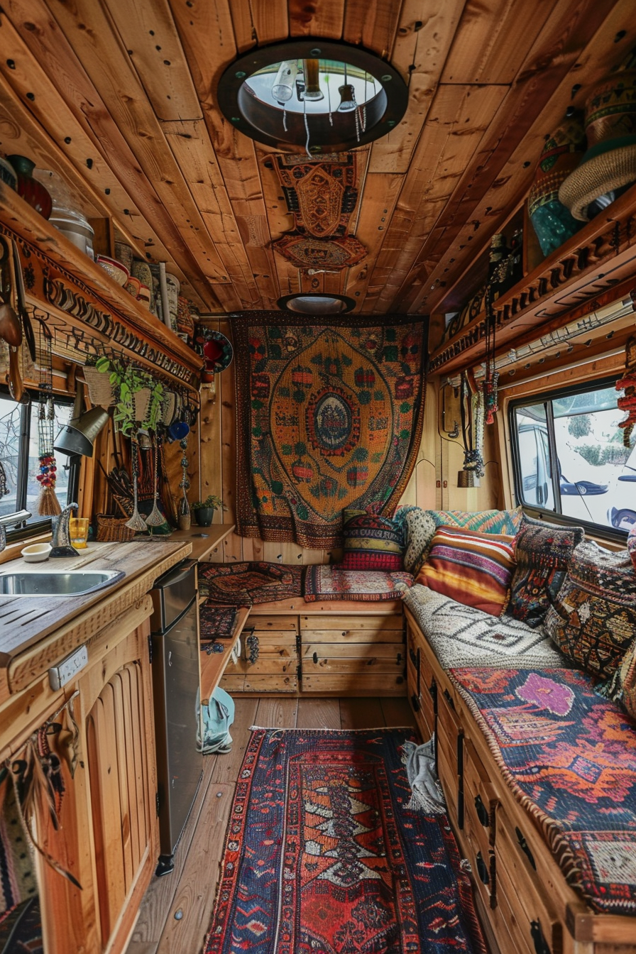 Sprinter Camper Van. Wooden interior with a hanging tapestry.