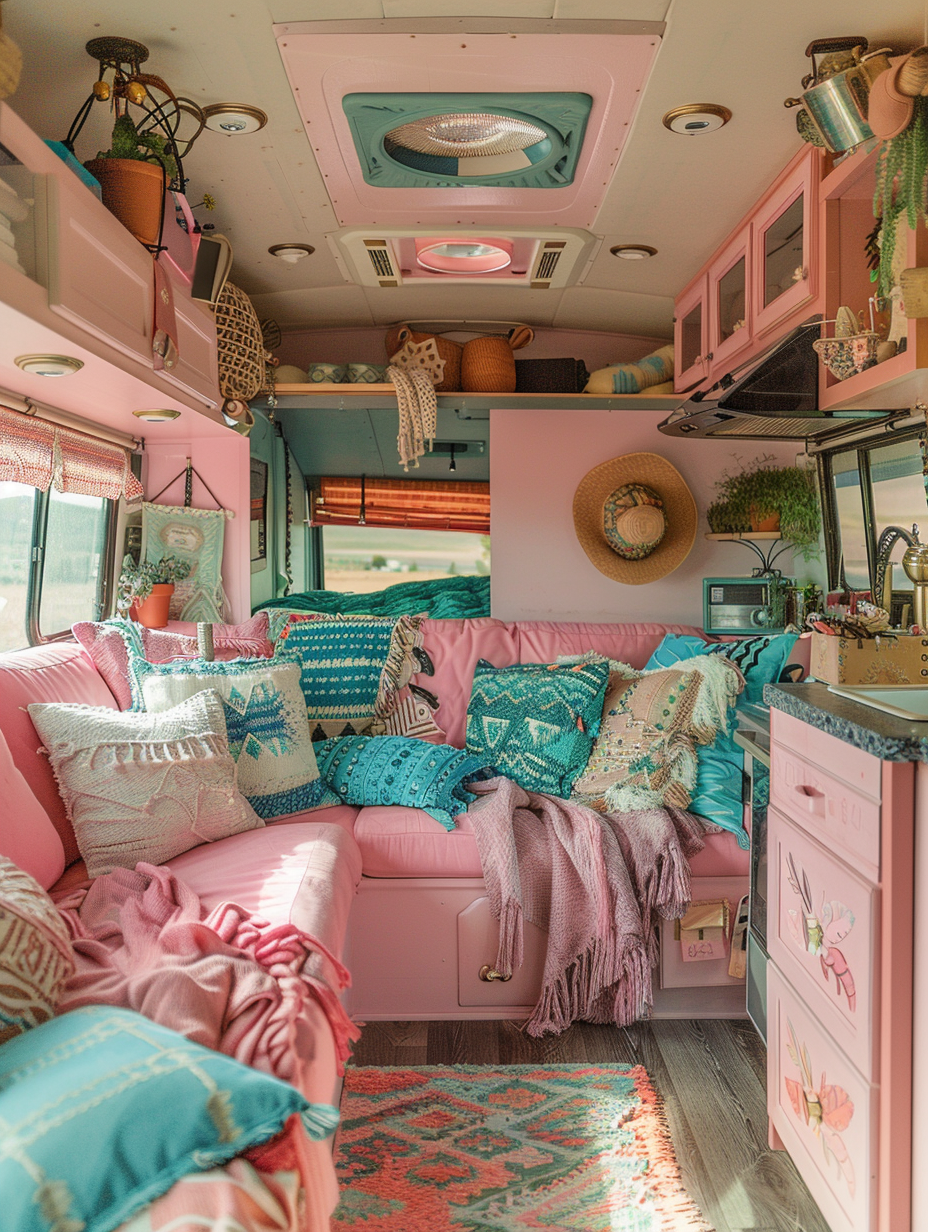 Interior view of boho camper. Pastel-pink couch with turquoise Aztec patterned pillows.