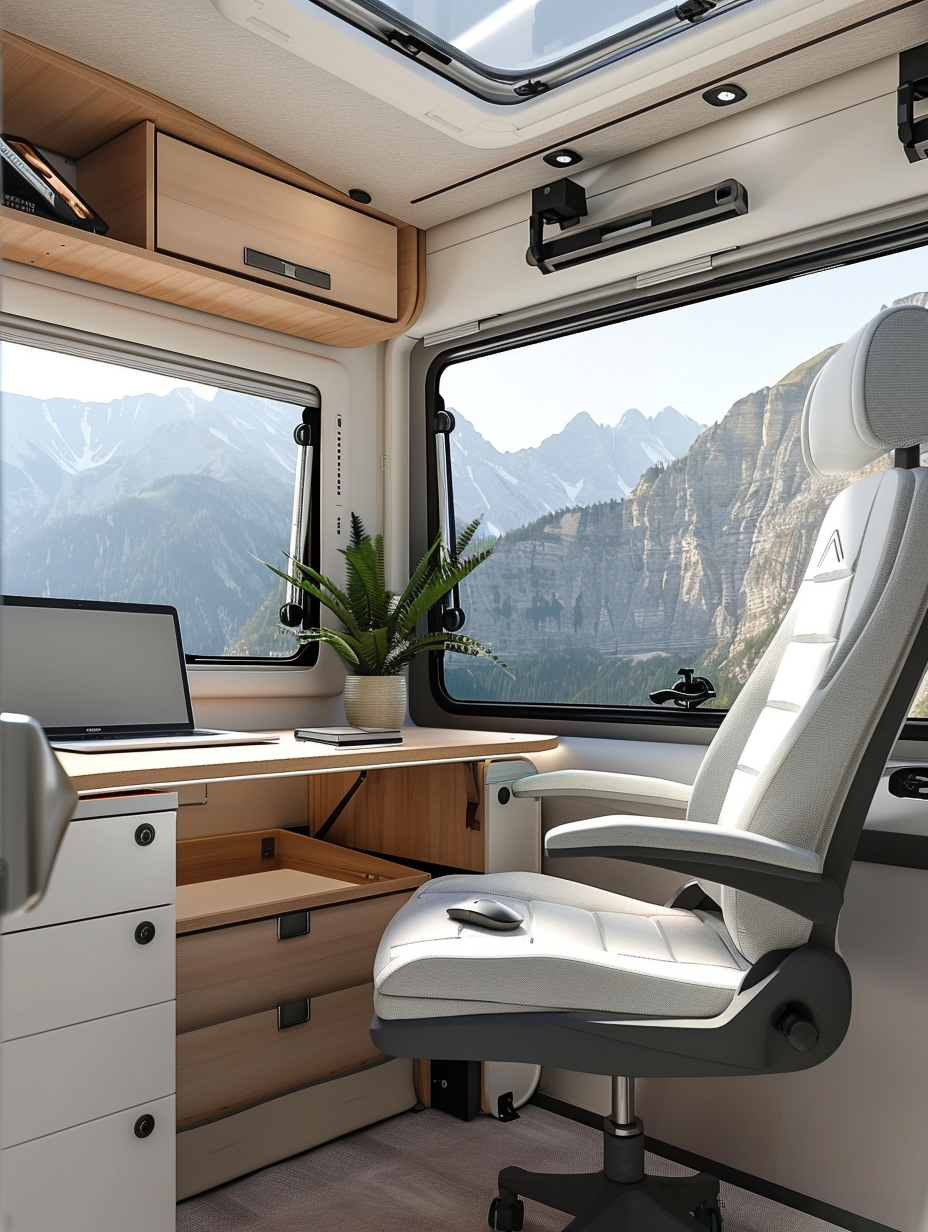 Wide RV interior view. Workspace with ergonomic adjustable chair in front of panoramic window, foldable desk with laptop and wireless mouse, overhead storage compartments.