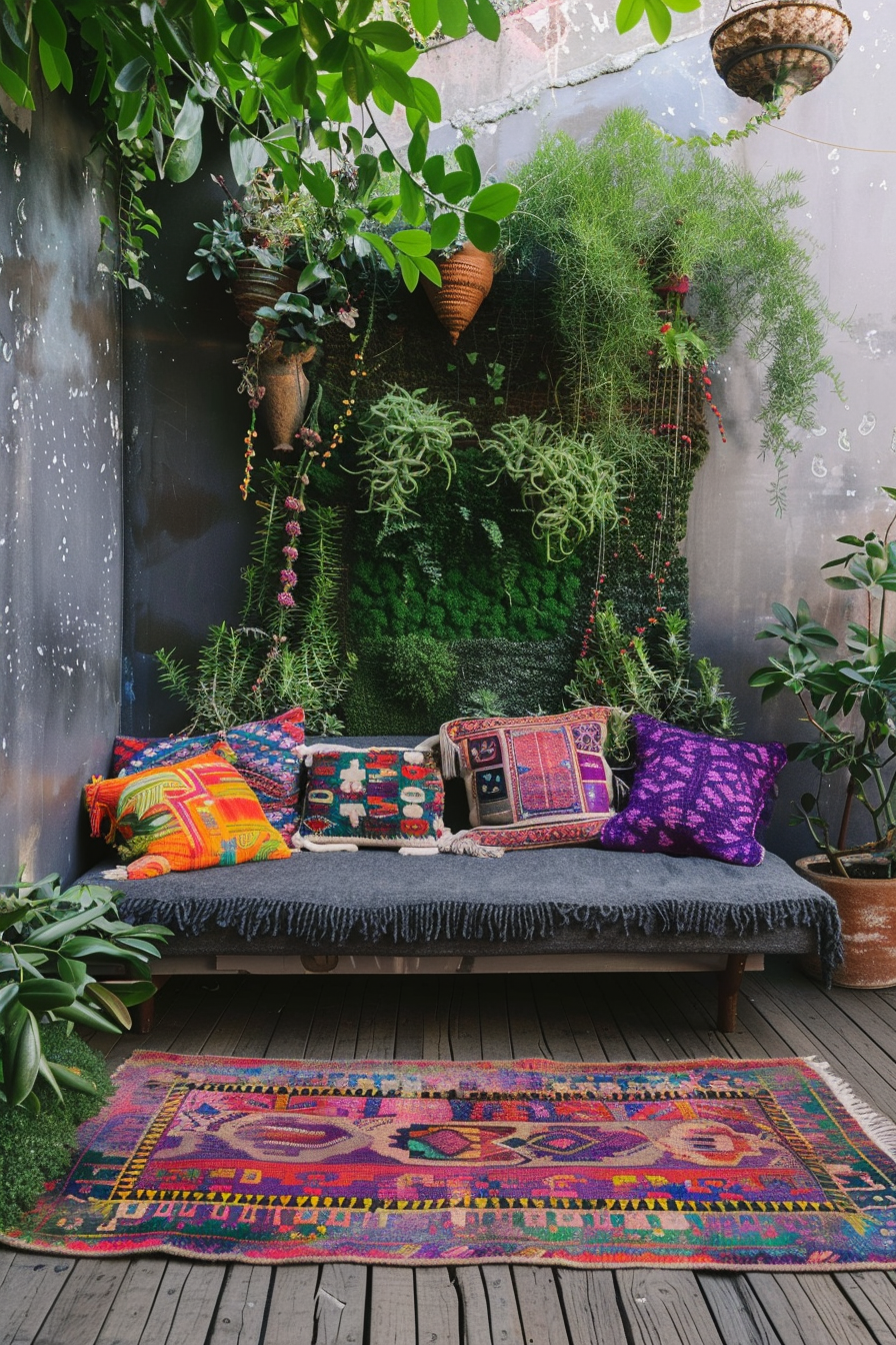 Living room design. Arrange low gray daybed covered with colorful macramé and patterned Ikat cushions opposite artificial grass and plants wall and vintage Turkish rugs on wooden floor.