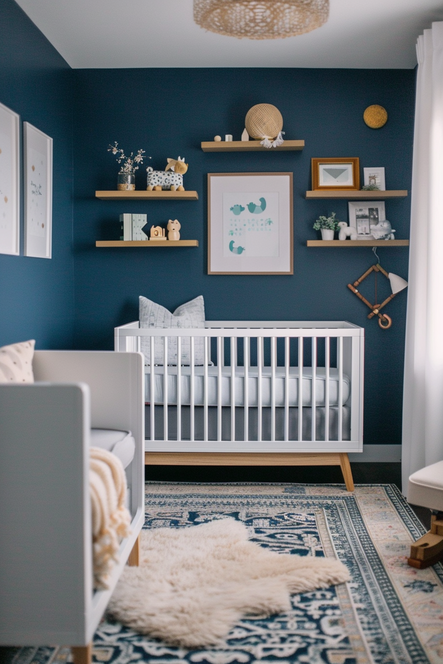 Modern baby boy nursery room. Wide view, muted blue walls, floating shelves, wool rug.