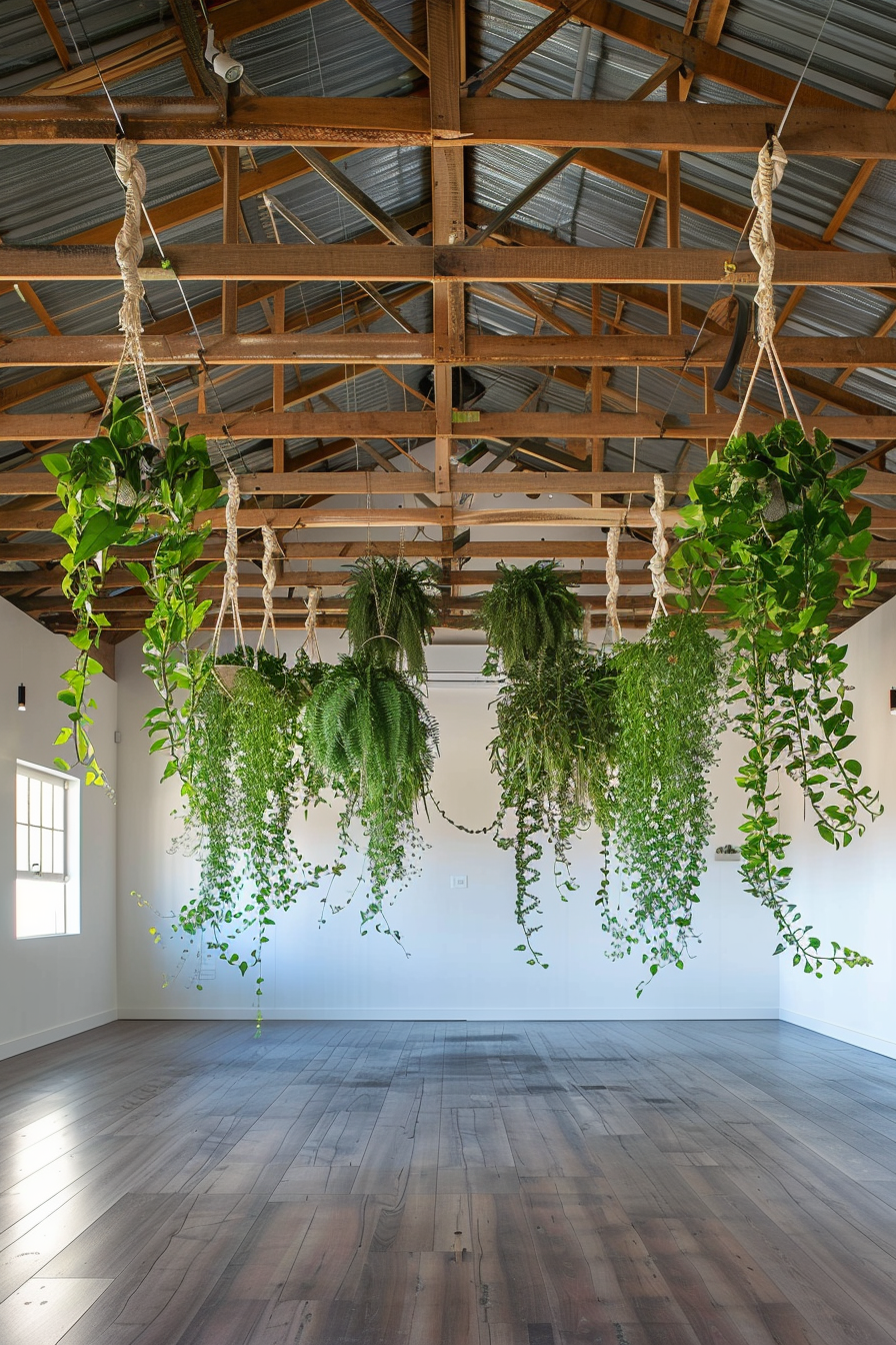 Yoga studio. Raw timber beam ceilings with suspended macramé plant hangers filled with green, leafy plants.