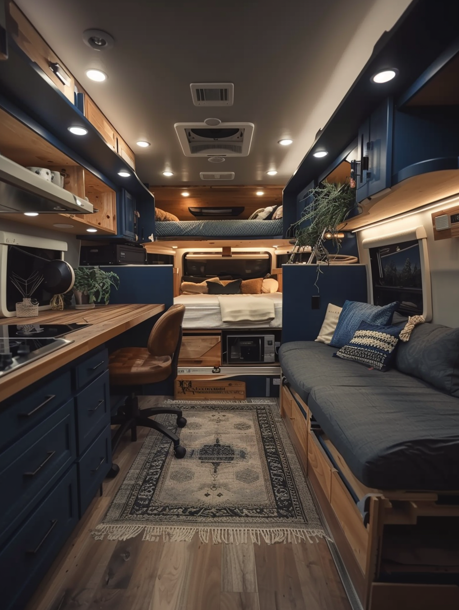 Interior of an RV for remote working and living. Hardwood pull-out desk with ergonomic chair facing a panoramic window, warm LED lights overhead, a large cozy sofa eyeing a fully functional compact kitchen, and a memory foam Queen size bed tucked neatly under loft-style shelves brimming with books and indoor plants. The entire space resonating earthy hues accentuated with navy blue patterns, cozy textiles, and metallic finish appliances.