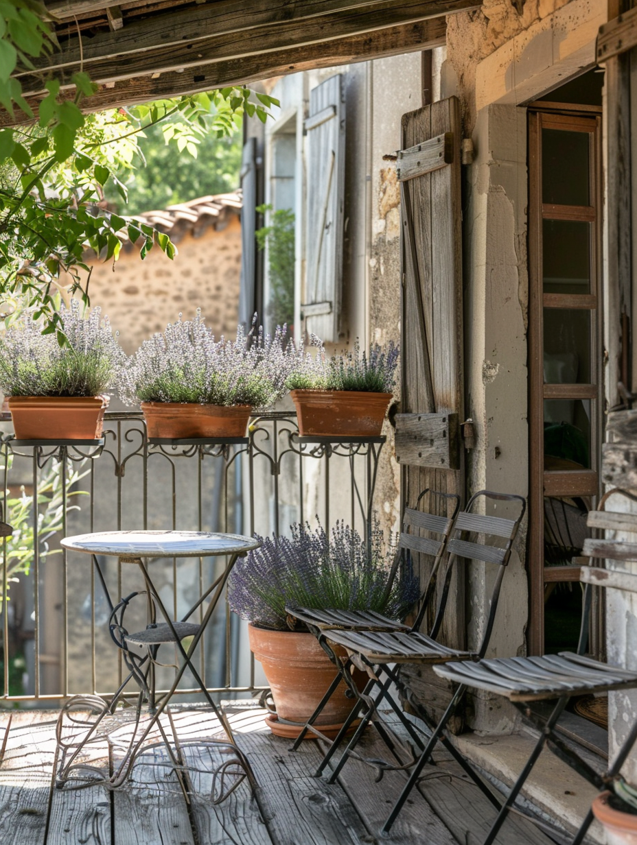 Full view of a small, rustic-designed balcony. Featuring wrought-iron furniture, clay plant pots with lavender, and worn-out wooden finish.