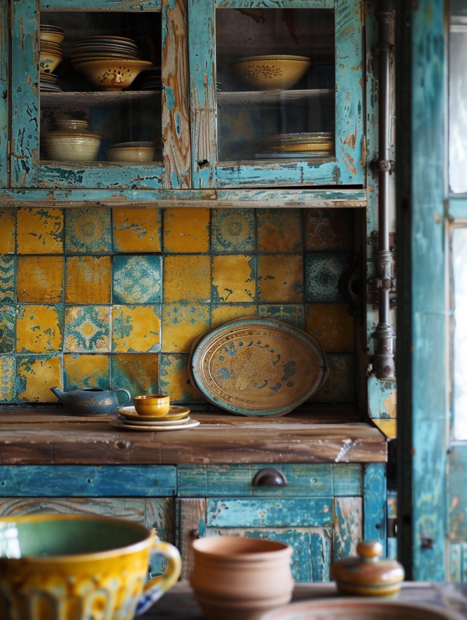 Boho kitchen. Teal and yellow Colored Moroccan wall tiles, distressed wood cabinets, earthy toned ceramic dishes.