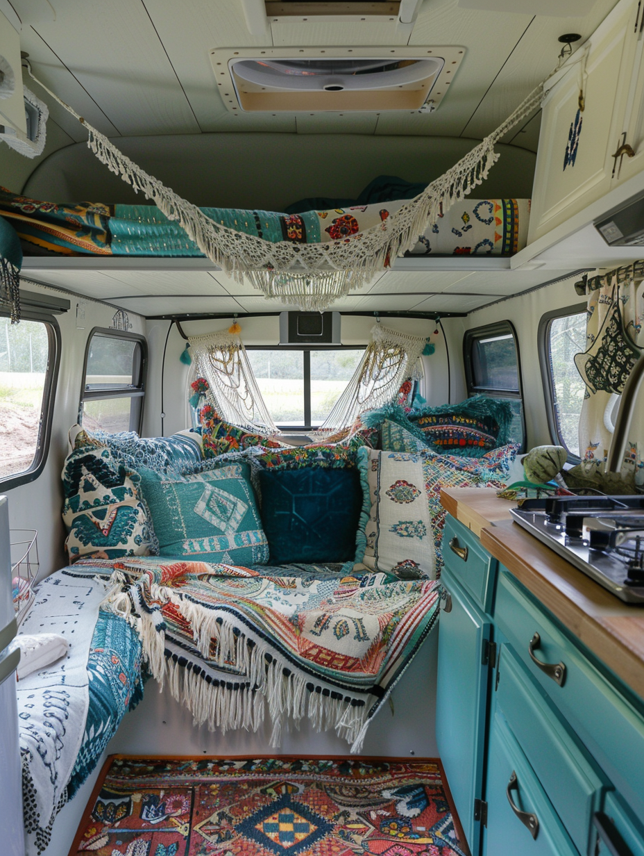 Boho designed camper. Cream and sapphire upholstery pattern, macrame hammock, teal kitchenette.