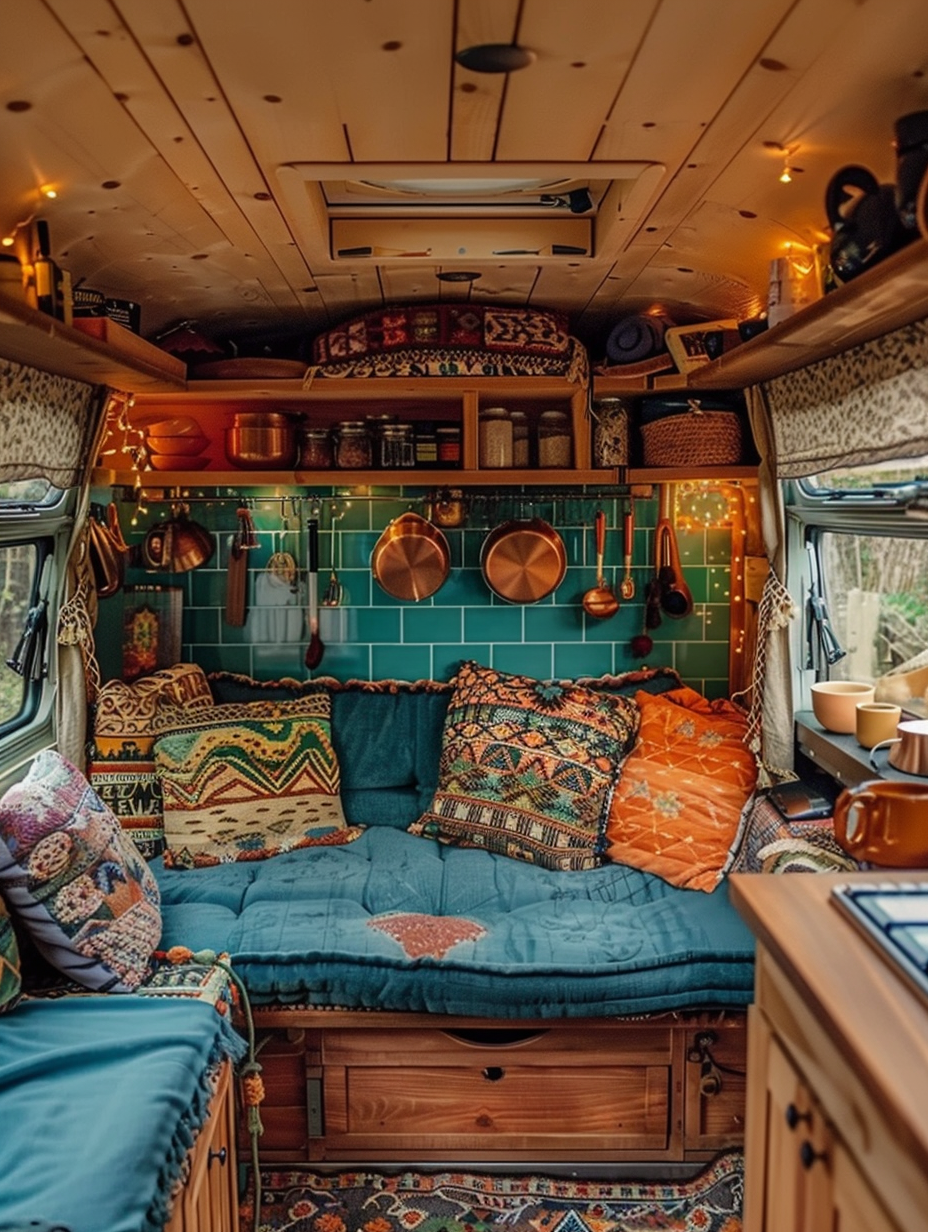 Boho design camper interior. Matt natural wood finish, patterned tapestry curtains, moody fairy lights, vintage blue-tiled kitchen area with copper utensils, cozy and inviting teal chaise longue, scattered turquoise, burnt orange and golden accent pillows, wall-mounted wooden bookshelf.