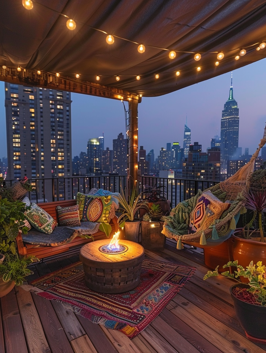 Small and beautiful Urban Rooftop. An old wooden deck glistening against the city lights, featuring an assortment of succulent plants arranged around a small LED fire pit, and a compact papasan chair adorned with colorful boho-print cushions. Canvas awning flutters over the space while warm string lights domine lift up the ambiance, Lastly, the view of towering buildings envelope the corners of the rooftop against the auburn twilight.