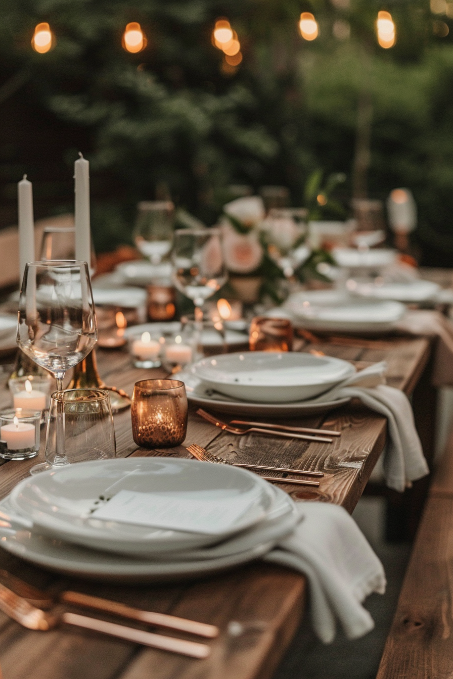 Backyard Dinner Party Table decor. Rustic wooden table with ivory ceramic dishware, wine glasses, flameless candles and rose gold napkins.